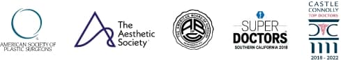 Logos of American Society of Plastic Surgeons, The Aesthetic Society, The American Board of Surgery, Super Doctors Southern California 2018, Castle Connolly Top Doctors 2018-2022